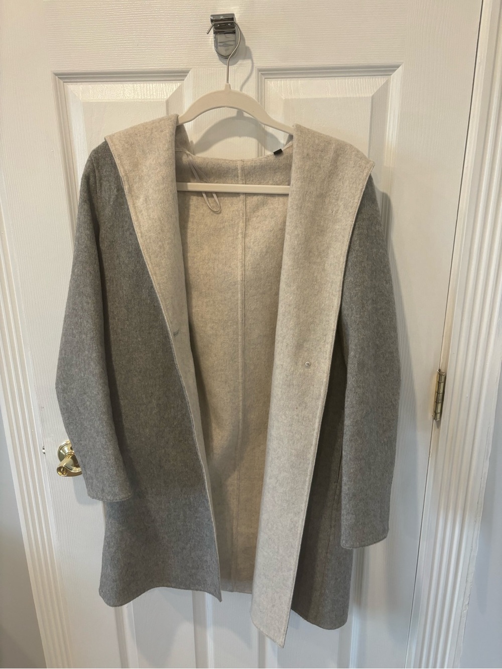 Reversible Hooded Wool-Blend Coat in Light Gray and Cream